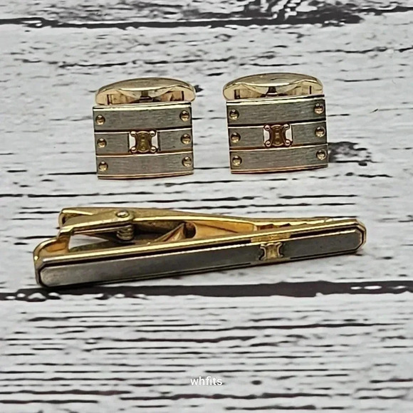 Celine Gold and Silver Cufflink and Tie Bar Set - Picture 1 of 5